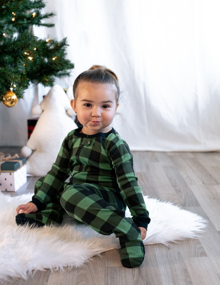 green and black plaid baby footed pajamas