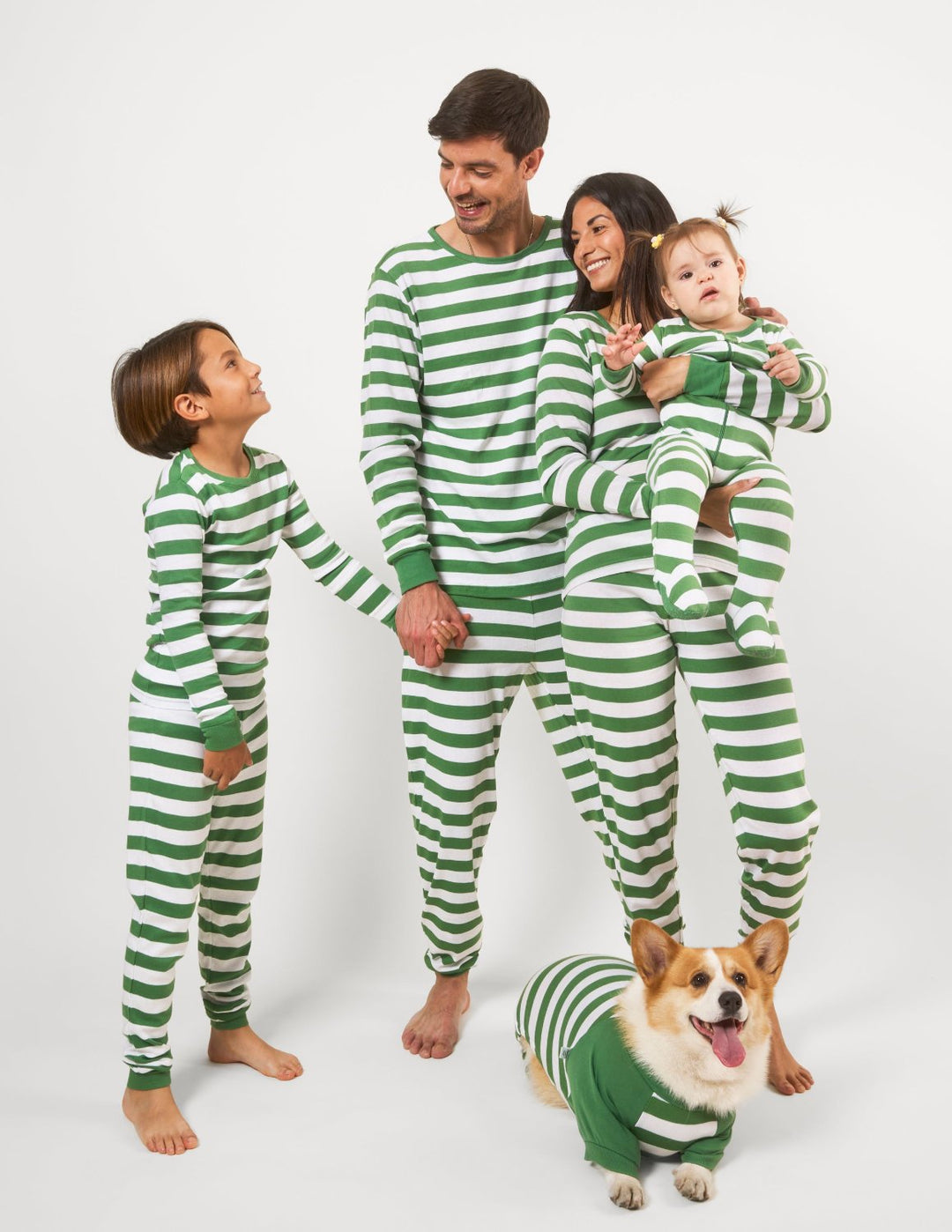 green and white stripes matching family pajamas