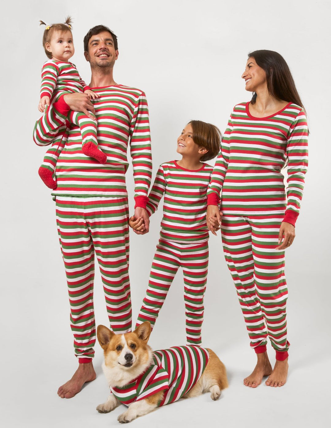 red white and green striped matching family pajamas