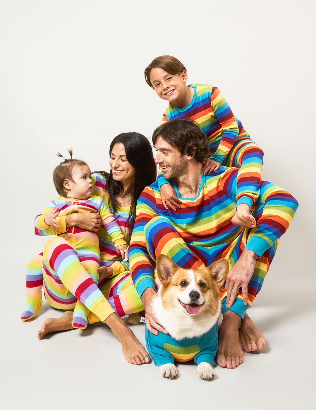 rainbow stripes matching family pajamas