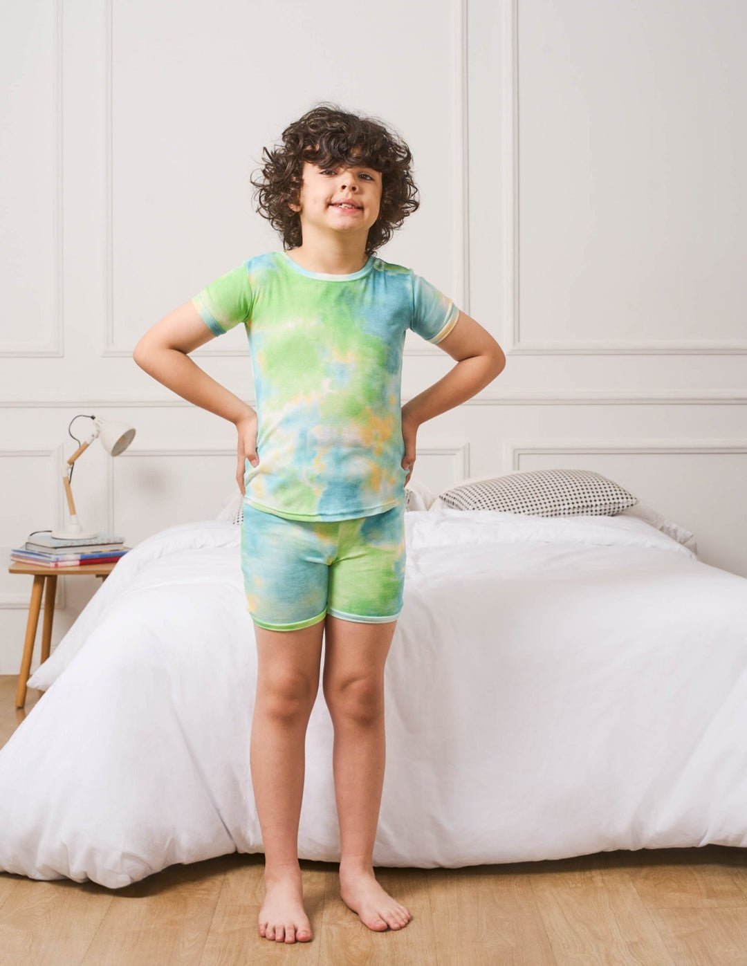 blue and green tie dye kids shorts pajama