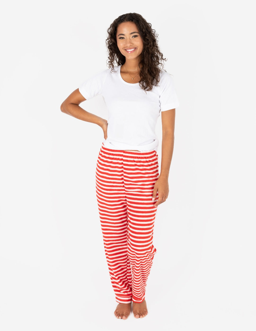 Leveret Women s Fleece Red White Stripes Pants Leveret Clothing