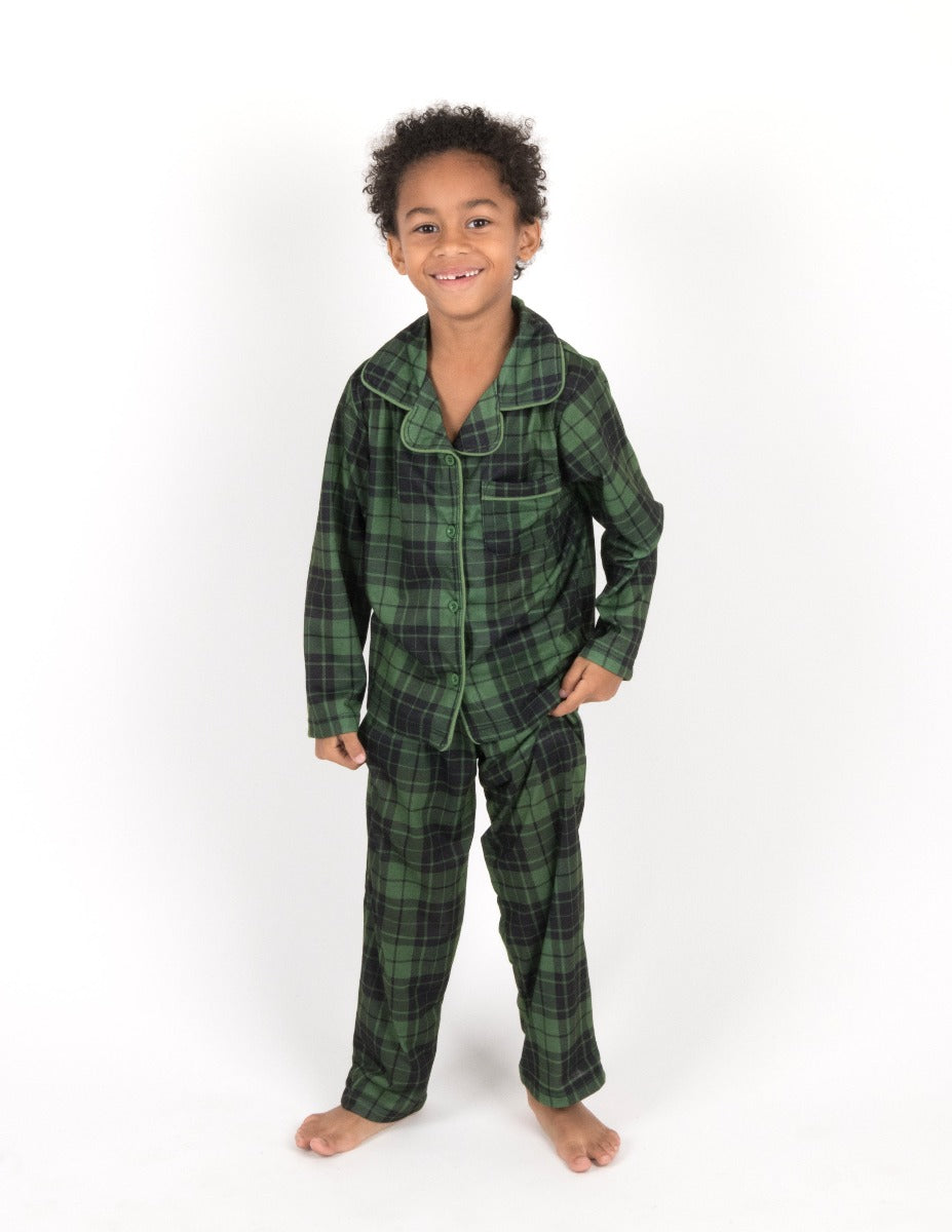 Kids Green & Black Plaid Flannel Set