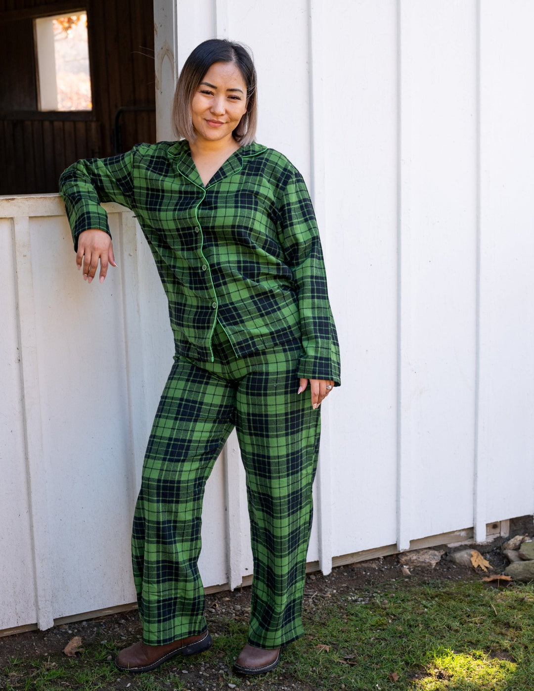 Green Plaid Pajamas for Women, Flannel Women Shirt+ Pajama Pants Set  Christmas Pajamas For Family, Black Green, US S
