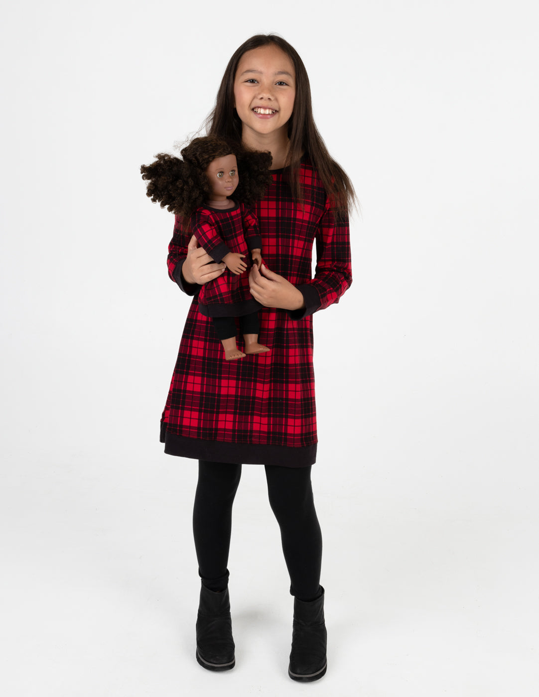 Leveret Girl and Doll Cotton Plaid Dress Plaid Black Red 8