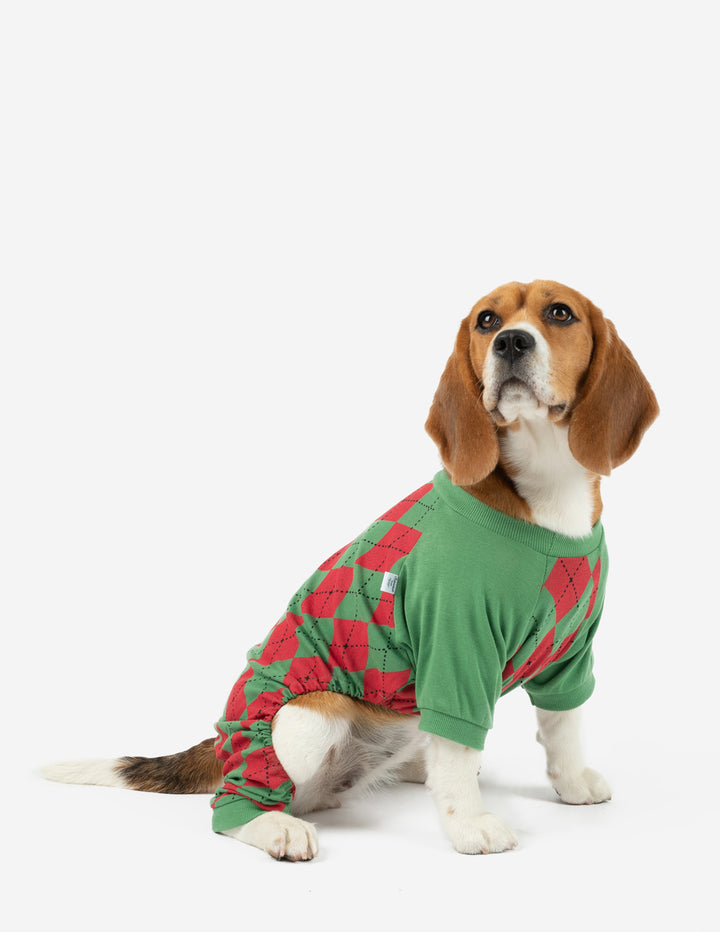 red and green argyle cotton dog pajamas