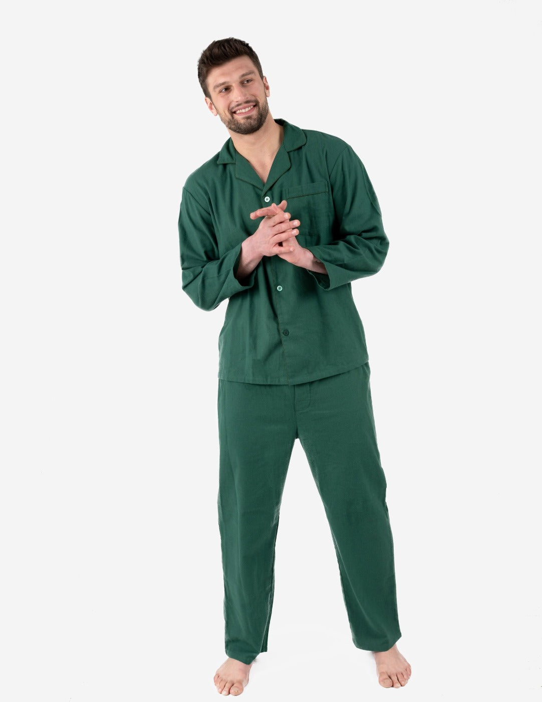 Mens Green Solid Color Flannel Pajamas
