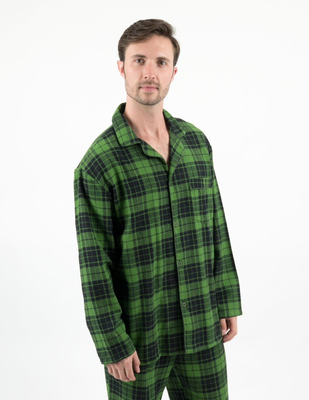 Mens Black & Green Plaid Flannel Pajamas