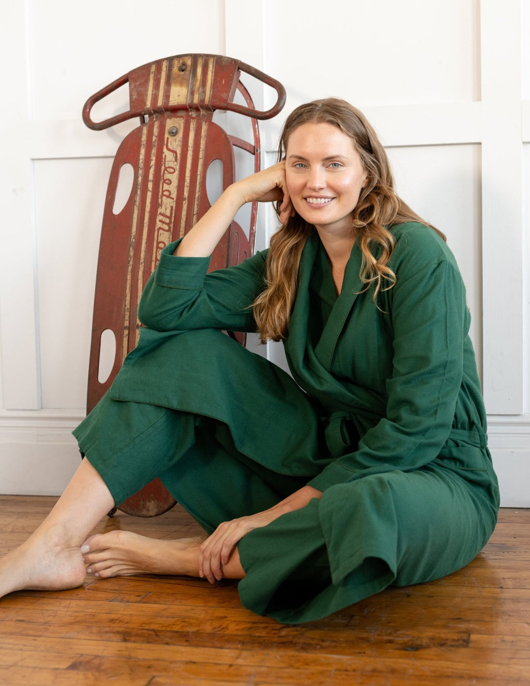 Women's Green Solid Color Flannel Robe