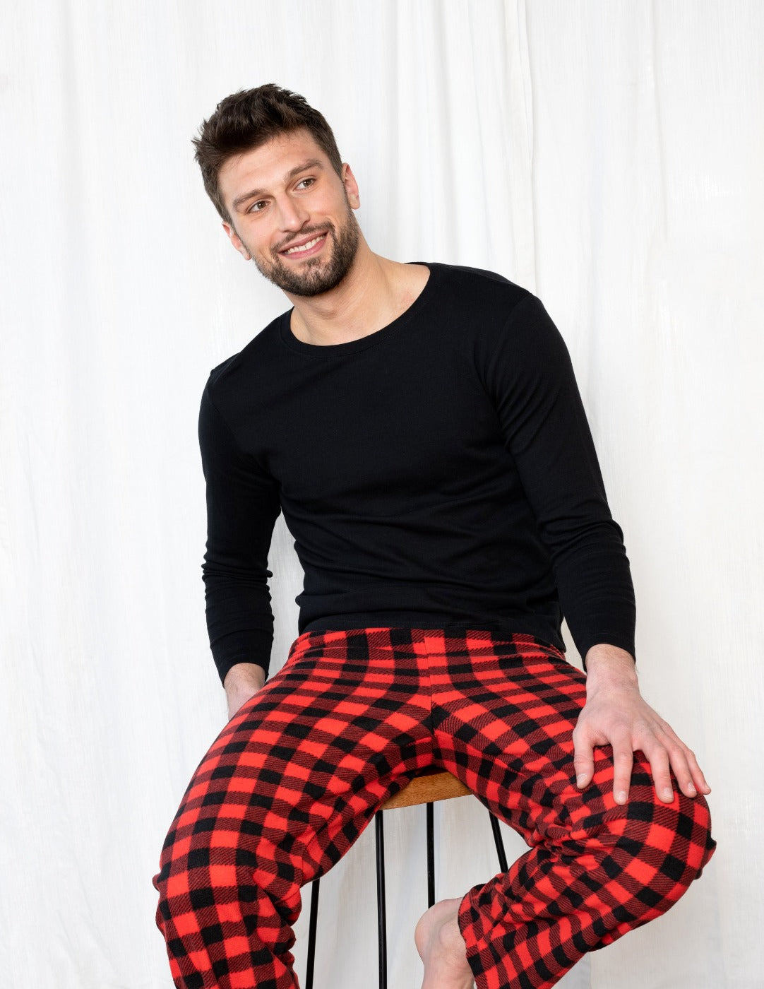 Mens Fleece Red Black Plaid Set